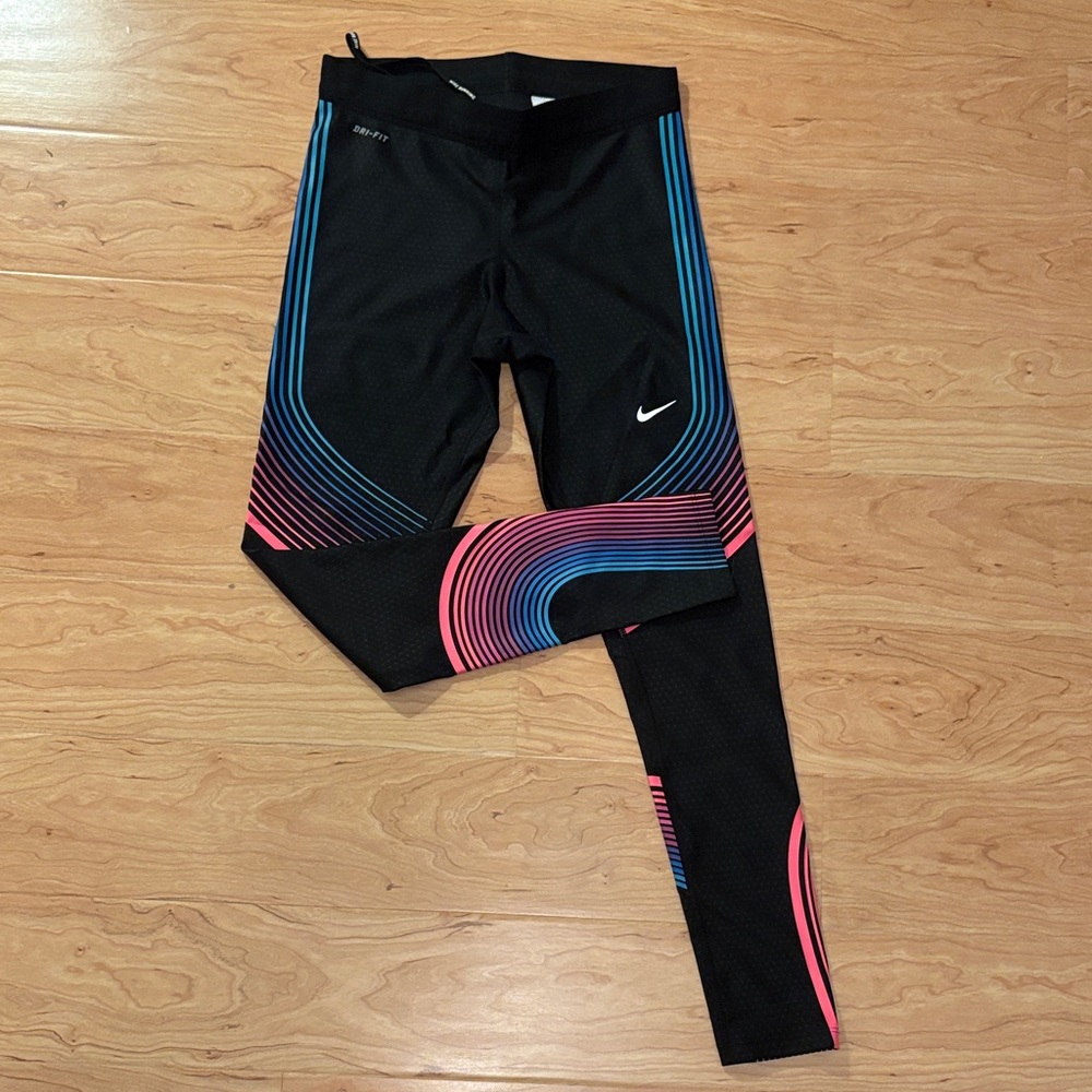 Nike Black Leggings with Pink and Blue Stripes Small